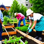 A diverse group of adults, fully clothed in modest, practical attire, actively participating in a vibrant community garden project. They are planting seedlings and tending to raised beds in an urban setting, with a backdrop of sustainable architecture and lush greenery. The atmosphere is collaborative and hopeful, showcasing the power of local voices in climate action. Perfect anatomy, correct proportions, natural pose, well-formed hands, proper finger count. Professional photography, sharp focus, natural lighting, high resolution. Safe for work, appropriate content, fully clothed, family-friendly.