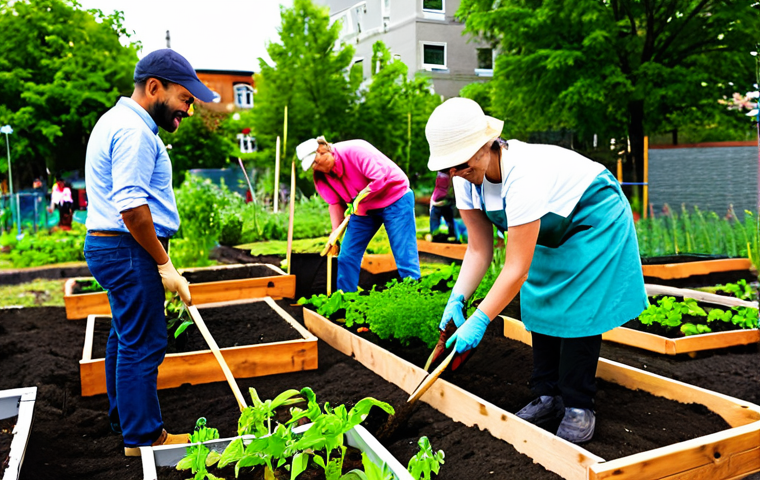 A diverse group of adults, fully clothed in modest, practical attire, actively participating in a vibrant community garden project. They are planting seedlings and tending to raised beds in an urban setting, with a backdrop of sustainable architecture and lush greenery. The atmosphere is collaborative and hopeful, showcasing the power of local voices in climate action. Perfect anatomy, correct proportions, natural pose, well-formed hands, proper finger count. Professional photography, sharp focus, natural lighting, high resolution. Safe for work, appropriate content, fully clothed, family-friendly.