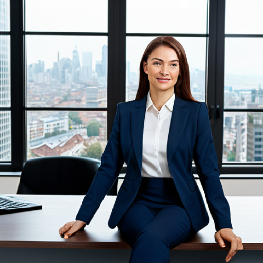 Businesswoman in Modern Office**
"A professional businesswoman in a modest business suit, sitting at a desk in a modern office setting, fully clothed, appropriate attire, safe for work, perfect anatomy, natural proportions, professional photography, high quality. The office has a large window with a view of a bustling city street."
**