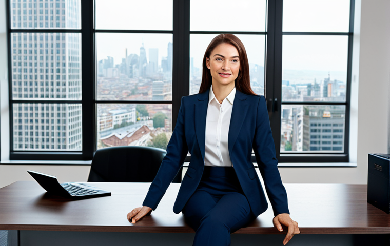 Businesswoman in Modern Office**
"A professional businesswoman in a modest business suit, sitting at a desk in a modern office setting, fully clothed, appropriate attire, safe for work, perfect anatomy, natural proportions, professional photography, high quality. The office has a large window with a view of a bustling city street."
**