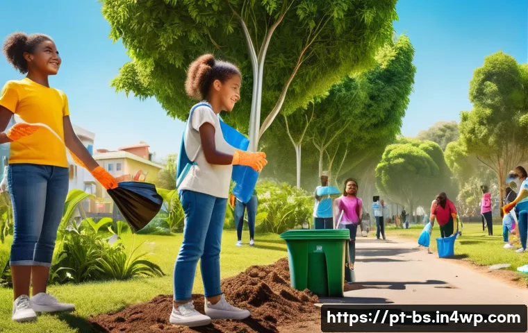 기후변화와 시민 참여의 연결고리 - A vibrant community cleanup event in a sunny Brazilian neighborhood park, diverse group of adults an...
