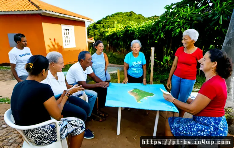 Home 17 기후변화와 지역 사회의 시민 참여 - Photorealistic community climate action meeting in a sunny Brazilian coastal neighborhood, diverse a...
